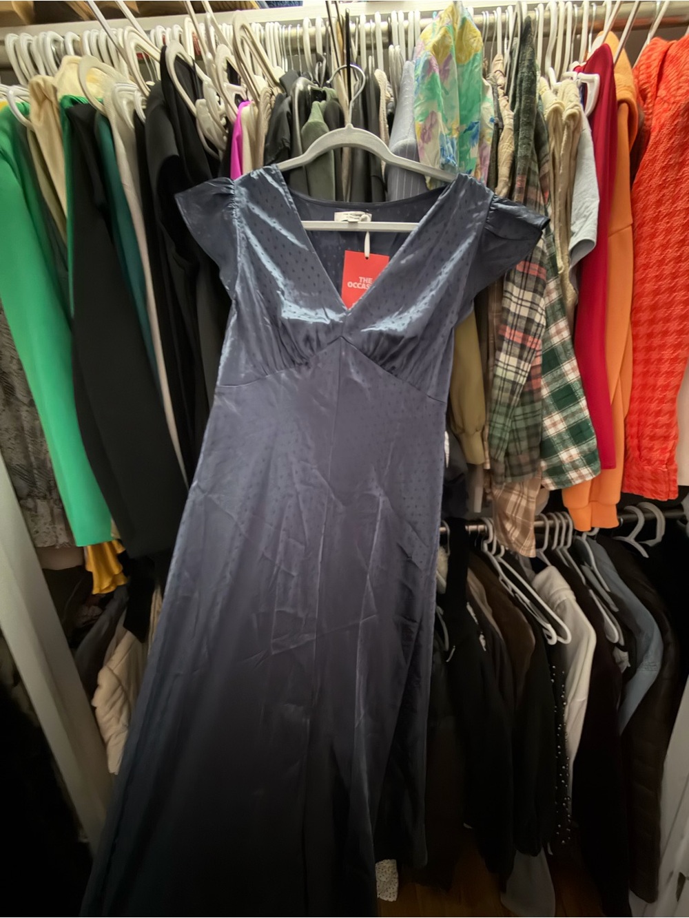 The Occasional Navy Satin Dot V-Neck Dress